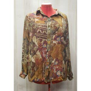 Chico's Silk Blouse, Sz 2 Large, Brown Rust Gold, Button Front, Sheer, L/S